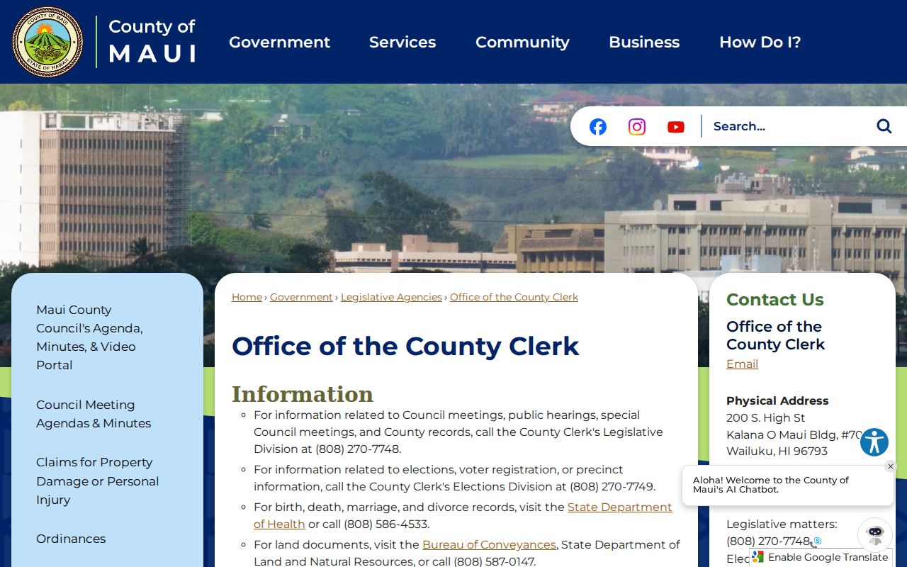 Maui County Clerk records routing page for Kihei research