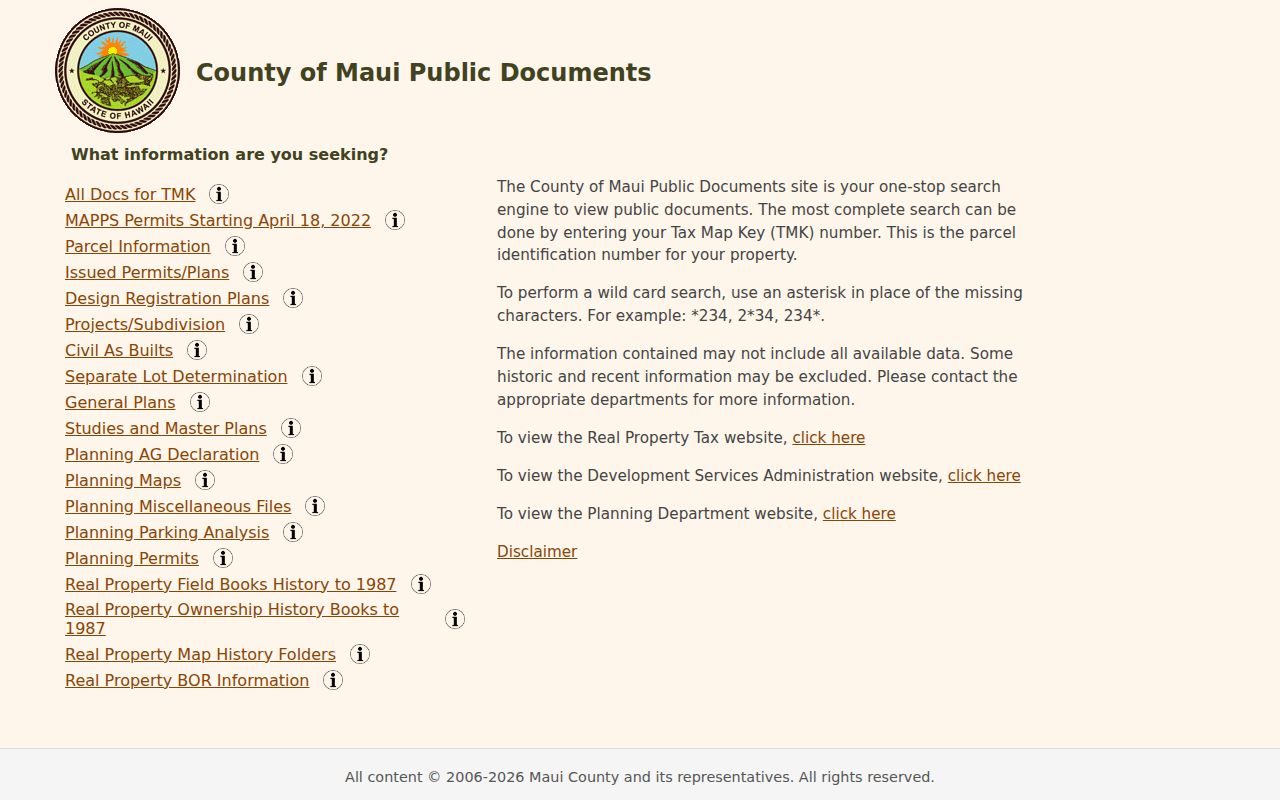 Maui public documents categories used for Kihei block research
