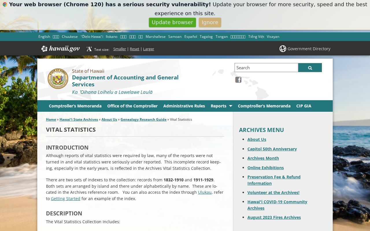 Hawaii State Archives historical vital statistics guide