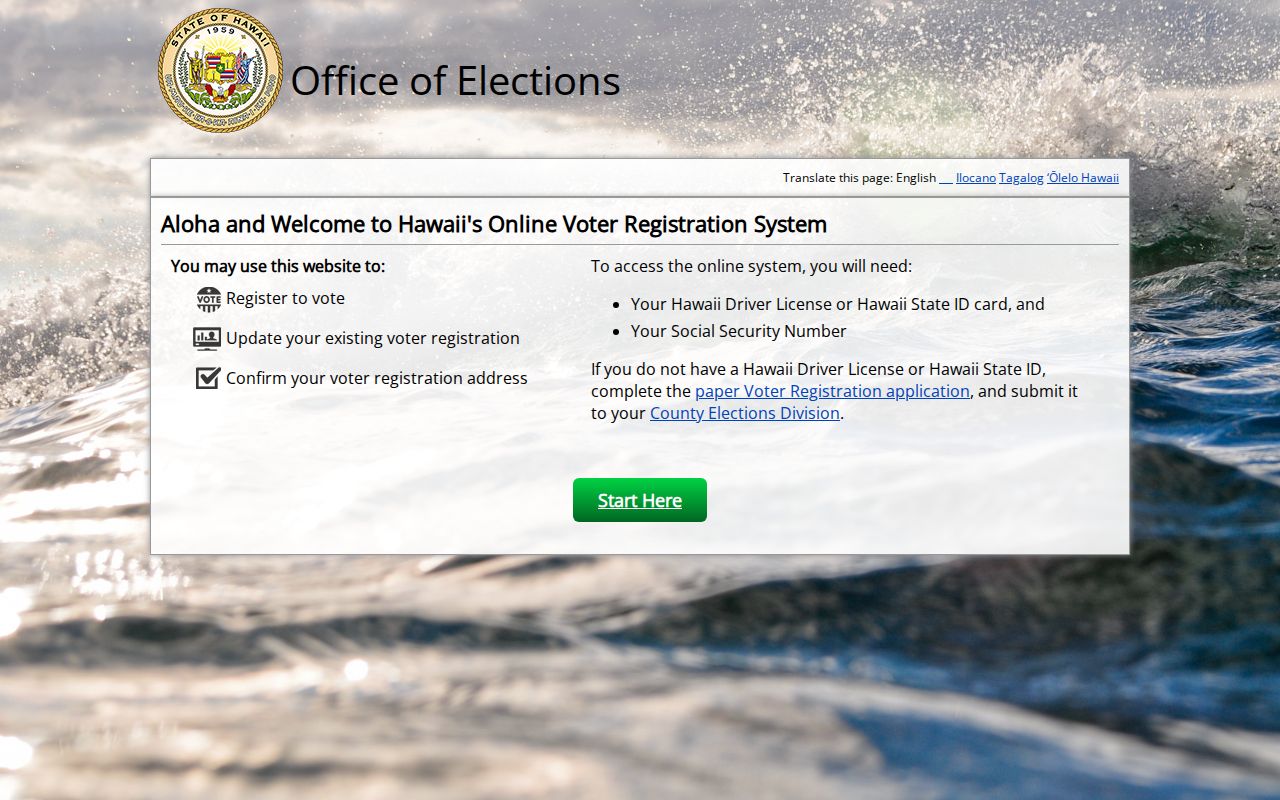 Hawaii online voter registration page relevant to Kihei voters