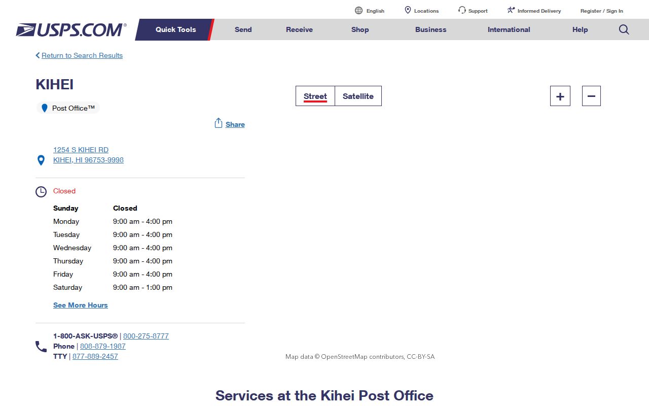 USPS Kihei Post Office listing showing the documented 96753 postal association